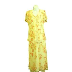 Meghan Matthews Vtg Womens 12 Floral Print 2 Pc Dress Yellow Lined Skirt Top